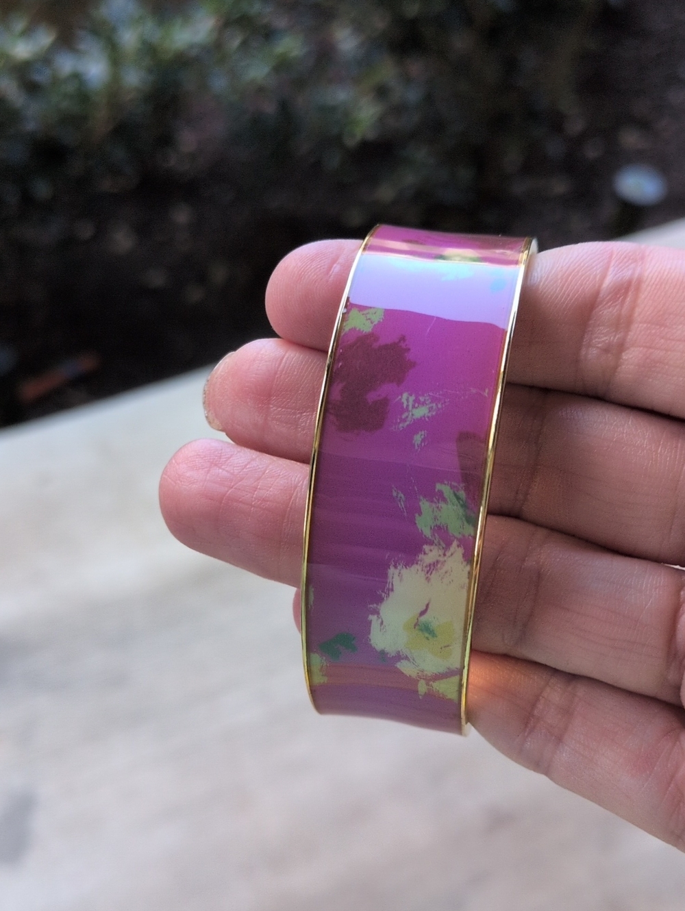 J Crew Never Worn Pink, Purple, Green Floral Cuff Bracelet with Gold Trim